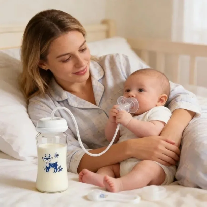 Hands-Free Baby Feeding Bottle 240ml – Anti-Colic Silicone Straw & Nipple, BPA-Free Leak-Proof Self-Feeding Milk Bottle for Infants