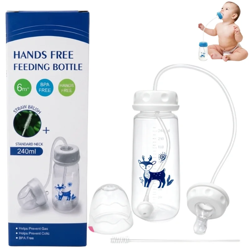 Hands-Free Baby Feeding Bottle 240ml – Anti-Colic Silicone Straw & Nipple, BPA-Free Leak-Proof Self-Feeding Milk Bottle for Infants