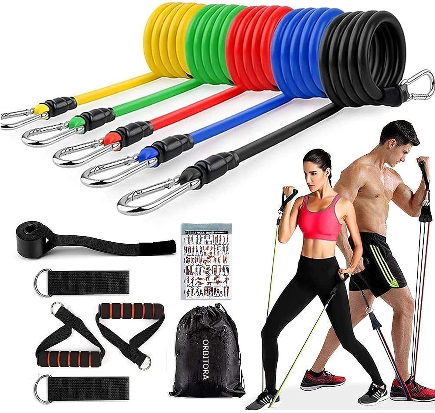 5-in-1 Power Resistance Band Set with Storage Box & Gym Workout Belt - Adjustable Home Fitness Equipment